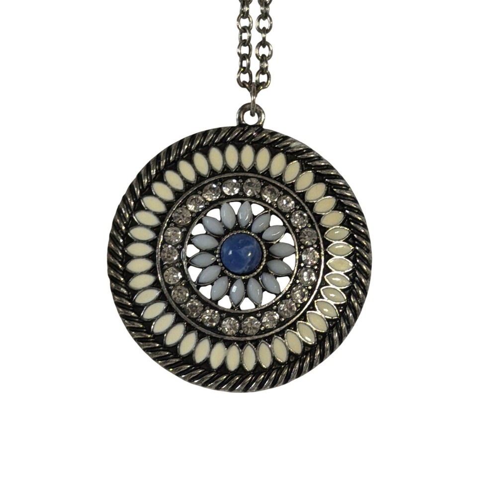 Silver Tone Blue Stone White Enamel Mandala Medallion Long Necklace Festival